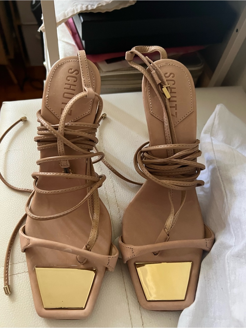 SCHUTZ Nude Lace-Up Heeled Sandals with Gold Accent